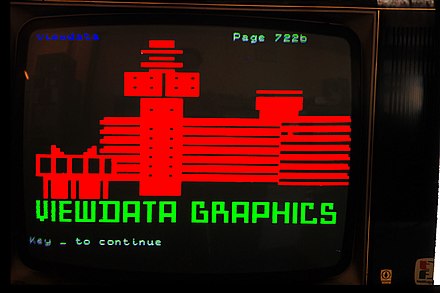 Videotex example screen showing its graphics capabilities, 1978. As in teletext, predefined, fixed-width graphics characters in multiple colors could be used to create an image.