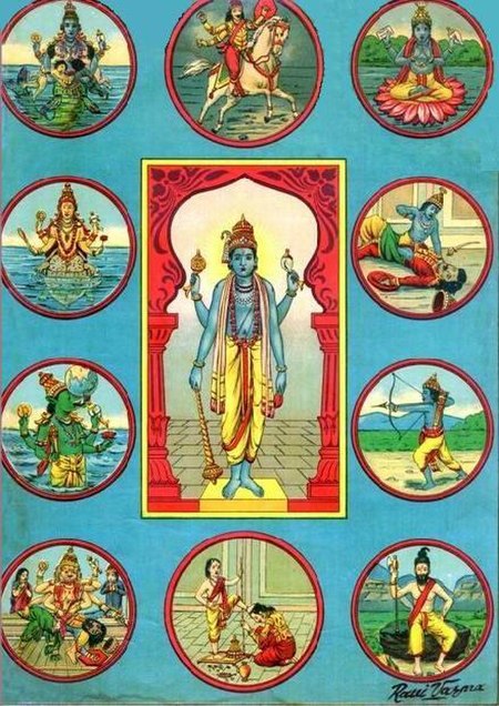 Hindu god Vishnu (centre) surrounded by his ten major avatars, namely Matsya; Kurma; Varaha; Narasimha; Vamana; Parashurama; Rama; Krishna; Buddha, an