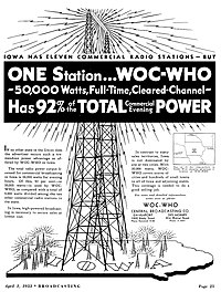 Advertisement for consolidated WOC-WHO (1933) WOC-WHO radio advertisement (1933).jpg