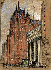 Joseph Pennell, The Waldorf-Astoria, c. 1904–1908, charcoal and pastel on brown paper