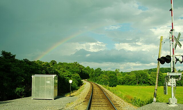 Rainbow and railroad tracks near Telford