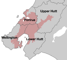 The Wellington urban area (pink) is administered by four local authorities.