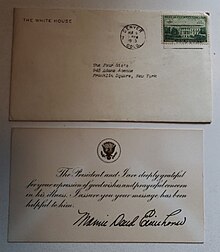 Photo of Presidential stationary and the envelope used to reply to a well-wisher of President Eisenhower during his hospital stay in Aurora. The stationary card has a facsimile signature of Mamie Eisenhower and was postmarked on November 6, 1955 in Denver Colorado. A three-cent commemorative of the White House paid the domestic rate to Franklin Square, NY.