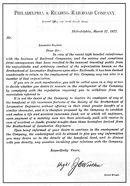 Letter from the railroad to members of the Brotherhood of Locomotive Engineers and Trainmen