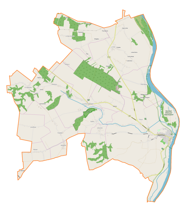 Mapa konturowa gminy Zawichost, po prawej znajduje się punkt z opisem „Kościół Świętej Trójcy w Zawichoście”
