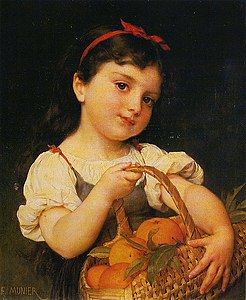1887.1 Young girl with a basket of oranges label QS:Len,"Young girl with a basket of oranges" 1887