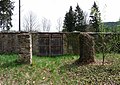 English: Jewish cemetery in Velhartice, Klatovy District, Czech Republic - pillars of the former morgue. Čeština: Židovský hřbitov ve Velharticích, okres Klatovy - pilíře bývalé márnice.