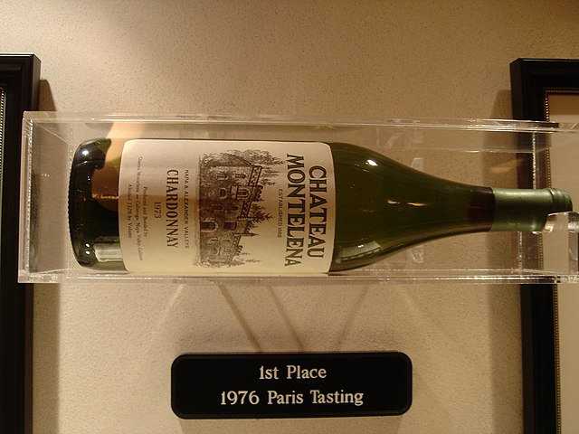 A bottle of 1973 Chateau Montelena Chardonnay that won the white wine competition on display in the Smithsonian.