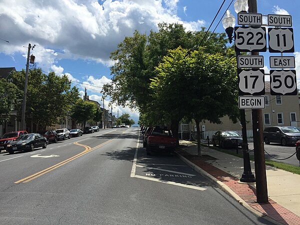 View south at the north end of US 17 at US 11/US 50/US 522 in Winchester