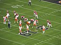 English: Alabama's offense prepares to run a play during their first drive at the 2019 College Football Playoff National Championship. This was one play before their quarterback would throw a pick six.