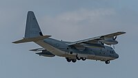 A United States Marine Corps KC-130J, registration number 169535, on final approach at Kadena Air Base in Okinawa, Japan. The aircraft belongs to VMGR-152 at Marine Corps Air Station Iwakuni.