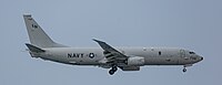 A US Navy P-8 Poseidon, tail number 168756, on final approach at Kadena Air Base in Okinawa, Japan.