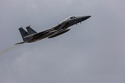 An F-15C Eagle, tail number 86-0166, taking off from RAF Lakenheath in England. The aircraft was assigned to the 493rd Fighter Squadron.