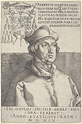 Portret van kardinaal Albert van Brandenburg op 29-jarige leeftijd[60] 1519 Kopergravure 146 x 96 mm Bartsch 102