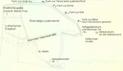 Das Klarissenkloster auf dem Stadtplan von 1730, vermerkt sind die Positionen der damals bereits abgegangenen Martinskirche und des ebenfalls abgegangenen Heilig-Grab-Klosters