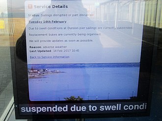 February 2017; "sailings suspended due to swell conditions at Dunoon Pier, replacement buses being organised." Argyll Ferries 170214 1315.jpg