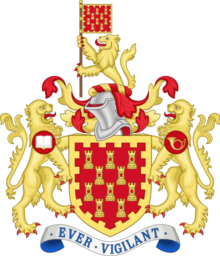 The arms of the Greater Manchester County Council, depicted here, became redundant with the abolition of the council in 1986 (though similar arms are used by the Greater Manchester Fire and Rescue Service).