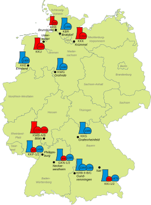 Eight German nuclear power reactors (Biblis A and B, Brunsbuettel, Isar 1, Kruemmel, Neckarwestheim 1, Philippsburg 1 and Unterweser) were permanently shutdown on 6 August 2011, following the Fukushima Daiichi Nuclear Disaster in Japan. Atom-Moratorium.svg