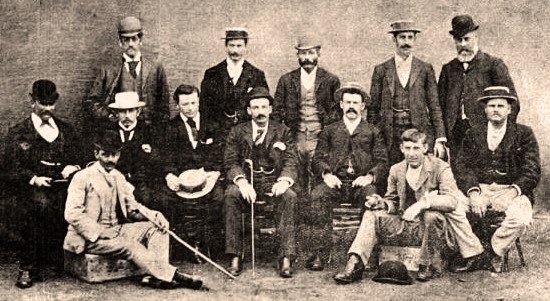 The Australian team pictured during the summer of 1894–95. Harry Trott is at the far left of the middle row, and his younger brother Albert is seated 