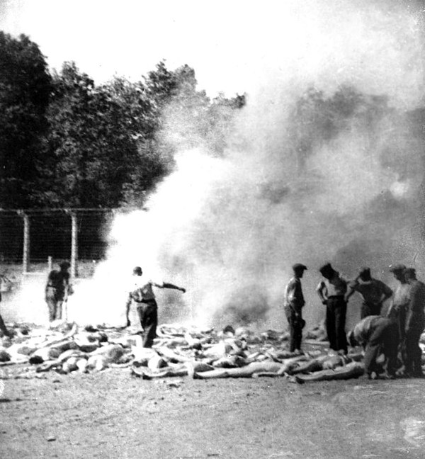 Members of the Sonderkommando burn corpses of Jews in pits at Auschwitz II-Birkenau, an extermination camp.