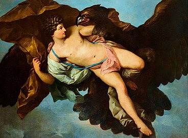 Peinture d'un jeune homme dénudé porté dans les cieux par un grand aigle brun.