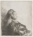 The Artist’s Mother Seated, in an Oriental Headdress: Half-Length label QS:Len,"The Artist’s Mother Seated, in an Oriental Headdress: Half-Length" label QS:Lnl,"Rembrandt's moeder zittend, met oosterse hoofdtooi: ten halven lijve" . 1631. etching print. 14.5 × 12.9 cm (5.7 × 5 in). Various collections.