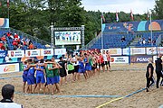 Deutsch: Beachhandball Europameisterschaften 2019 (Beach handball Euro); Tag 5: 6. Juli 2019 – Männer, Halbfinale, Dänemark-Ungarn 2:0 (19:16, 22:18) English: Beach handball Euro; Day 5: 6 July 2019 – Semifinal Men – Denmark-Ukraie 2:0 (19:16, 22:18)