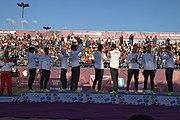 Deutsch: Beachhandball bei den Olympischen Jugendspielen 2018 in Buenos Aires; Tag 7, 13. Oktober 2018; Medaillenzeremonie Jungs - Gold: Spanien, Silber: Portugal, Bronze: Argentinien English: Beach handball at the 2018 Summer Youth Olympics in Buenos Aires at 13 October 2018 – Medal Ceremony Boys - Gold: Spain, Silver: Portugal, Bronze: Argentina Español: Handball de playa en los Juegos Olimpicos de la Juventud Buenos Aires 2018 en 13 de octubre de 2018 – Medalla Ceremonia para niños - Oro: España, Plata: Portugal, Bronce: Argentina