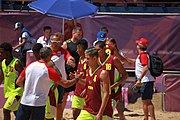 Deutsch: Beachhandball bei den Olympischen Jugendspielen 2018; Tag 4, 10. Oktober 2018; Jungs, Vorrunde, Gruppe A - Spanien-Venezuela 2:0 English: Beach handball at the 2018 Summer Youth Olympics at 10 October 2018 – Boys Preliminary Round Group A – Spain-Venezuela 2:0