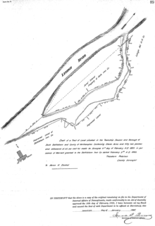 A February 1880 illustration of the land tract issued to Bethlehem Steel by present-day Lower Saucon Township, South Bethlehem, and Northampton County, which included eleven acres and 52 perches Book B10-178 Bethleham Iron.png
