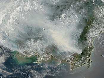 Satellite photograph of the haze above Borneo Borneo fires October 2006.jpg