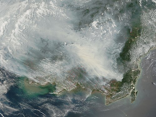 Satellite photograph of the 2006 haze above Borneo