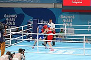 Deutsch: Boxen bei den Olympischen Jugendspielen 2018 Tag 12, 18. Oktober 2018 - Kampf um die Bronzemedaille im Fliegengewicht Mädchen – Heaven Destiny Garcia (USA, blau) schlägt Goryanana Stoeva (Bulgarien, rot) 5-0; Ringrichter ist Ishanguly Meretnyyazov (Turkmenistan). English: Boxing at the 2018 Summer Youth Olympics on 18 October 2018 – Girl's flyweight Bronze Medal Bout - Heaven Destiny Garcia (USA, blue) beats Goryanana Stoeva (Bulgaria, red) 5-0; Referee is Ishanguly Meretnyyazov (Turkmenistan). Español: Boxeo en los Juegos Olímpicos Juveniles de Verano de 2018 en 18 de octubre de 2018 - Combate a medalla de bronce de peso mosca para mujeres: Heaven Destiny Garcia (Estados Unidos, azul) le gana a Goryanana Stoeva (Bulgaria, roja) 5-0; El árbitro es Ishanguly Meretnyyazov (Turkmenistán).