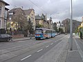 English: Tram track in Údolní street, Všetičkova stop, Tatra K2P tram Čeština: Tramvajová trať v Údolní ulici, zastávka Všetičkova s tramvají Tatra K2P