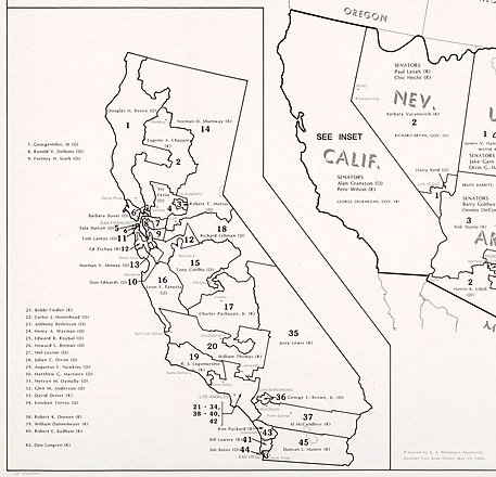 Resulting congressional representation mapped by district in January 1985 as part of the Western Area Power Administration congressional districts map. California Congressional Districts in 1985.jpg