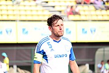 English centre-back Calum James Angus in away kit of Dempo in 2015 Calum Angus - Mumbai FC 0-1 Dempo.JPG