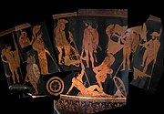 Cratère des Niobides : dieux et héros. Peintre des Niobides, Athènes v. 460-450. Louvre[97]. Photomontage