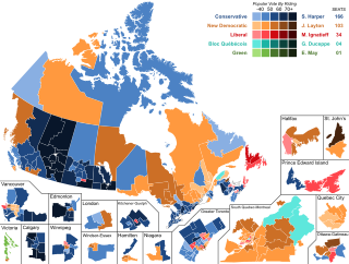 Results by riding. Shading refers to strength of popular vote.