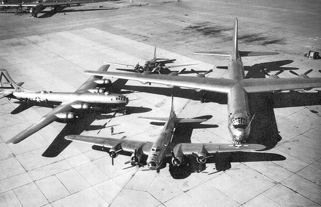 Special photo of Air Force bombers from the 1930s through the late 1940s. A Douglas B-18 "Bolo"; a Boeing B-17 "Flying Fortress"; a Boeing "B-29 Super