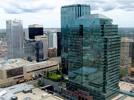 An aerial view of Edmonton skyscrapers