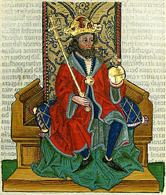 A megkoronázott II. Károlya magyar királyi trónon