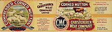 Early label from a tin of mutton from New Zealand Christchurch Meat Company Limited Compressed corned mutton, warranted to keep in any climate. Christchurch Press Co Lith, N.Z. 1906-1920%3F.jpg