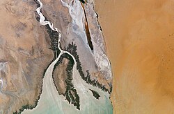 הדלתה של הנהר קולורדו כפי שנצפתה ב-2004 מתחנת החלל הבינלאומית. האי הגדול במרכז התמונה הוא איסלה מונטגיו
