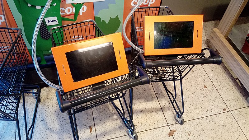 File:Coop shopping carts for children with game computers, Bellingwolde (2019) 01.jpg