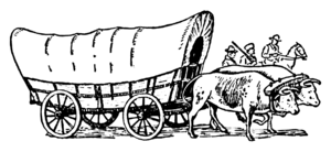 Line art drawing of a covered wagon.