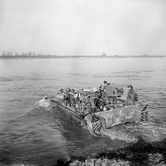 A Buffalo landing vehicle, such as those used by 1st Commando Brigade, crosses the Rhine during Operation Plunder Crossing the Rhine in a Buffalo.jpg