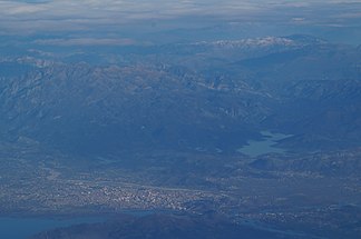 Cukali mountain range from the west with Shkodra in the foreground