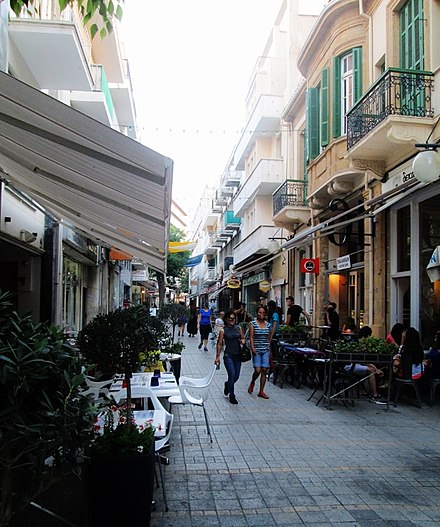 Cafés along Onasagorou Street in the evening