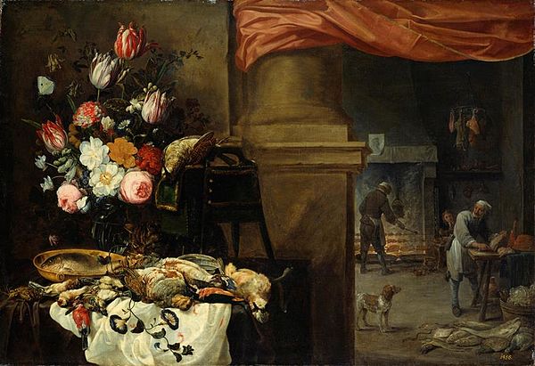 Kitchen still life, collaboration with David Teniers the Younger and Carstian Luyckx