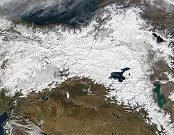 Imagen satelital del este de Anatolia. El interior de Turquía se encuentra cubierto de nieve.